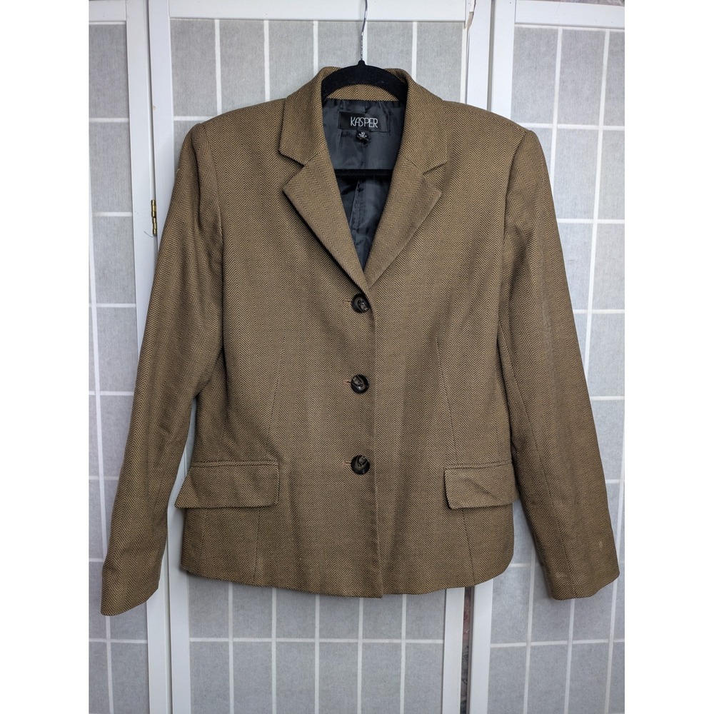 Kasper Womens 10 Brown Herringbone Blazer Jacket 3 Button Shoulder Pads Office